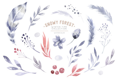 Winter forest elements watercolor clipart set PNG