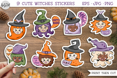 9 Witch Face Stickers In PNG| Cute Halloween Sticker Bundle