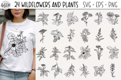 Wildflower SVG | 24 Line Art Flowers And Plants Clipart