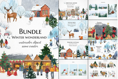 Watercolor winter wonderland bundle, christmas city clipart