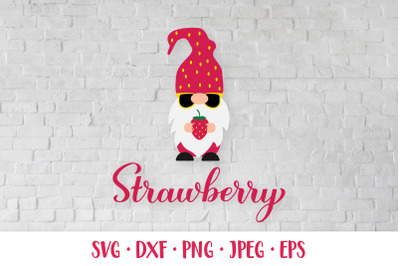 Strawberry SVG calligraphy lettering and gnome holding berry