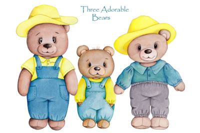 Three Adorable Bears. Watercolor hand drawn illustration.