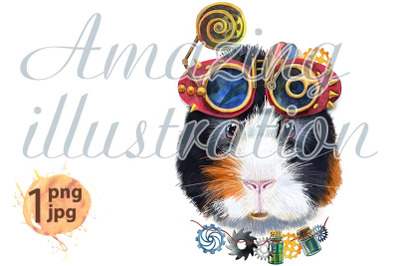 Watercolor portrait of abyssinian guinea pig with steampunk goggles