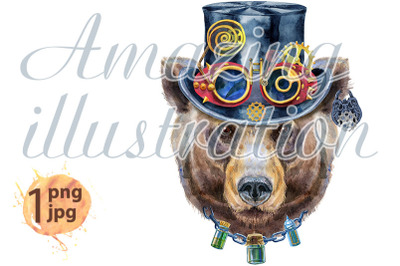 Watercolor bear in steampunk hat with goggles