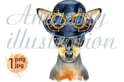 Watercolor portrait of toy terrier with hat bowler and steampunk glass