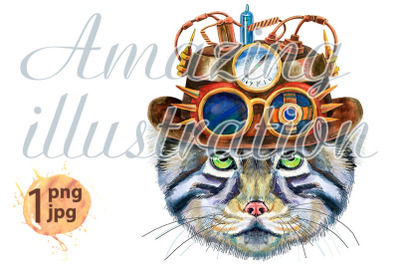 Watercolor portrait of a Manul Cat in steampunk hat with goggles