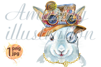 Watercolor illustration of a white rabbit in steampunk hat with goggle