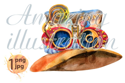 Watercolor brown hat with steampunk googles