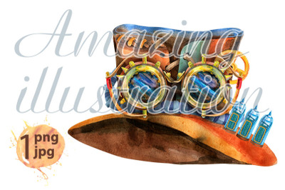 Watercolor brown hat with steampunk goggles