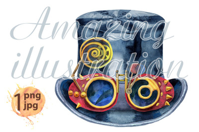 Watercolor hat top hat with steampunk goggles