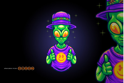 Funky alien with smile emoji illustrations