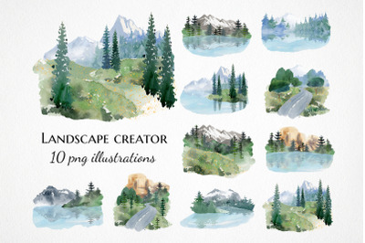 watercolor mountain landscape clipart, forest lake background clip art