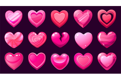 Game hearts. Cartoon asset of candy UI hearts for mobile 2D game, cute