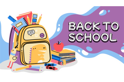 Back to school backpack. Cartoon background with kids bag, school acce