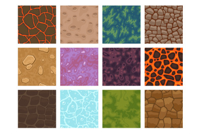 Game texture tiles. 2D cartoon level ground block of various materials