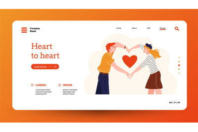 People with heart landing. Home page for volunteer organization or dat