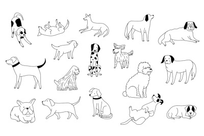 Cute doodle dog. Line black and white funny puppies, hand drawn pencil