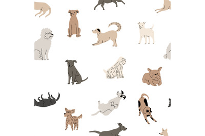 Doodle dog pattern. Seamless print of funny childish puppies for cut d