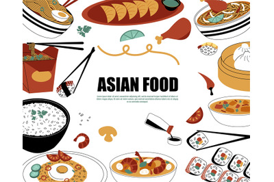 Asian food framing. Doodle traditional meal with spices and sauces, bo