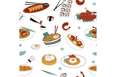 Asian food pattern. Seamless print of traditional oriental spicy food,