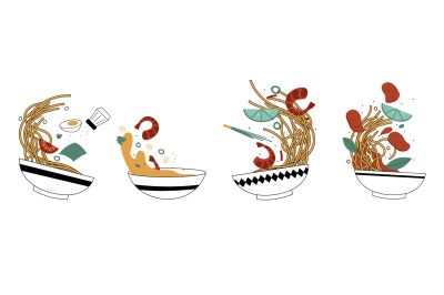 Asian food bowls. Doodle falling noodles sea food slices and sauces in