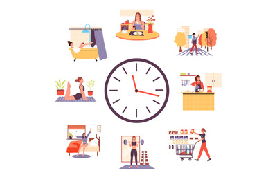 Woman routine on clock. Cartoon girl activities during daytime, female