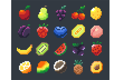 Pixel fruits. Cartoon 2D game sprite asset with apple banana mango cit