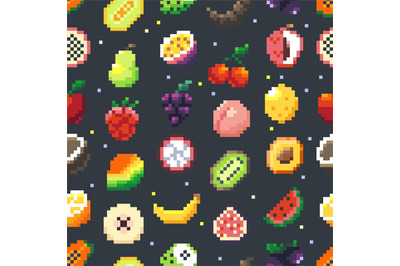 Pixel fruits pattern. Seamless print of pixelated cartoon fruits and b