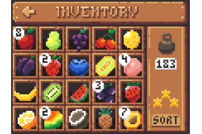 Pixel fruits inventory. Cartoon game interface screen with fruits and