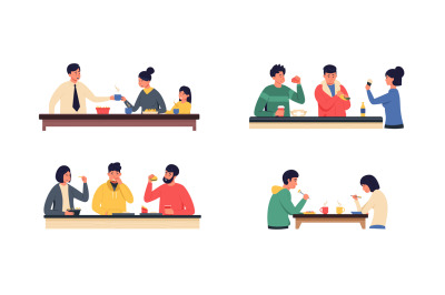 People eating at table. Cartoon friends and couples have breakfast lun