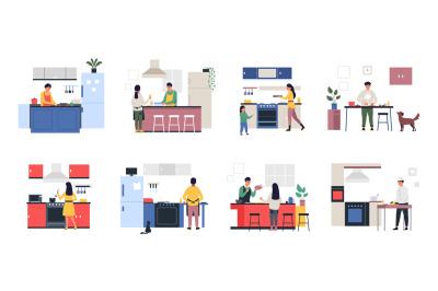 People on kitchen. Cartoon characters cooking together, man and woman