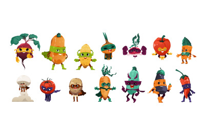 Superhero vegetables. Funny cartoon organic food in colorful hero cost