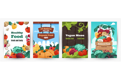 Healthy food posters. Banners layout with cartoon detailed vegetables&2C;