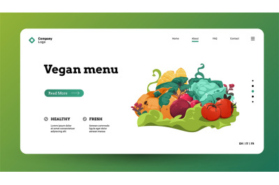 Vegetables landing page. Web page mockup with cartoon healthy nutritio