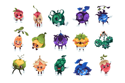 Fantasy fruits characters. Cartoon magic colorful berries with funny f