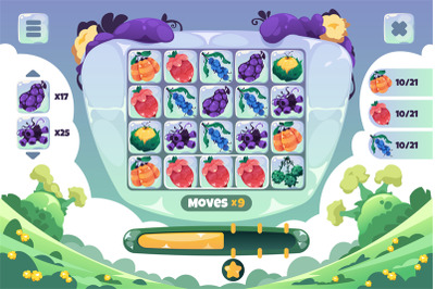 Match 3 game screen. Gameplay UI of cartoon fantasy fruits puzzle game