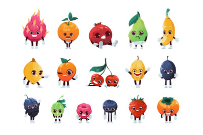 Cartoon fruit characters. Cheerful happy kid fruits with funny faces,