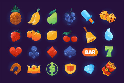 Slot icons. Cartoon shining casino symbols for slot machine and gambli