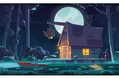 Night swamp fantasy background. Cartoon forest with wooden cabin stand