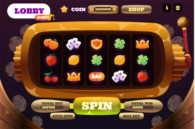 Slot machine game. Cartoon online casino web app UI, gamble game scree