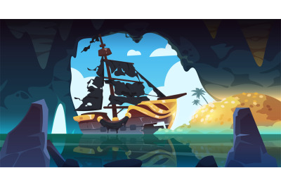 Pirate ship in cave. Cartoon background with fantasy sea bandits ship