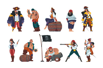 Pirate men and women. Cartoon fantasy sailors and sea warriors with sw