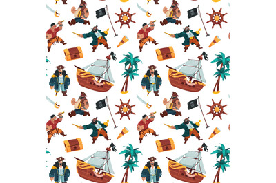 Pirates pattern. Cartoon seamless print of sailors and bandits in pira