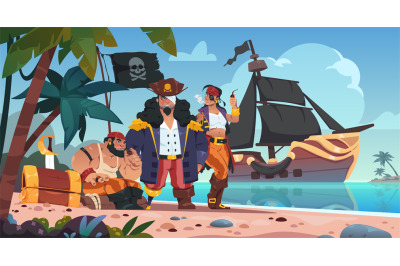 Pirates on island. Cartoon kids background with corsairs and pirate ch