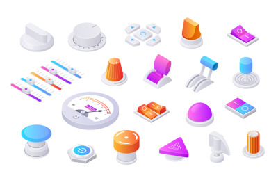 Isometric toggles. 3D switches, knobs, volume levels, sliders and swit