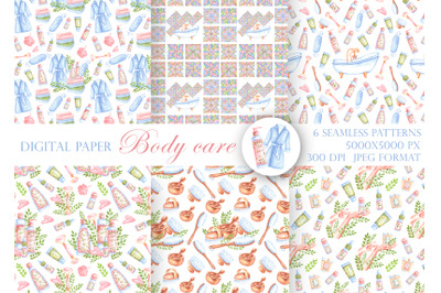 Self care watercolor digital paper, seamless pattern. Body care.
