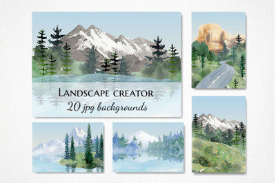 landscape clipart, watercolor mountain lake clipart, forest background