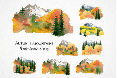 watercolor fall mountain clipart, autumn landscape background png