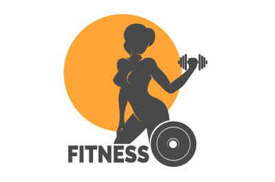 Fitness Logo Emblem with Woman holds Dumbbell and Barbell Plate