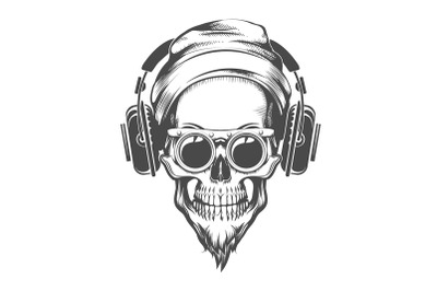 Skull with Beard in Beanie and Headphones Tattoo